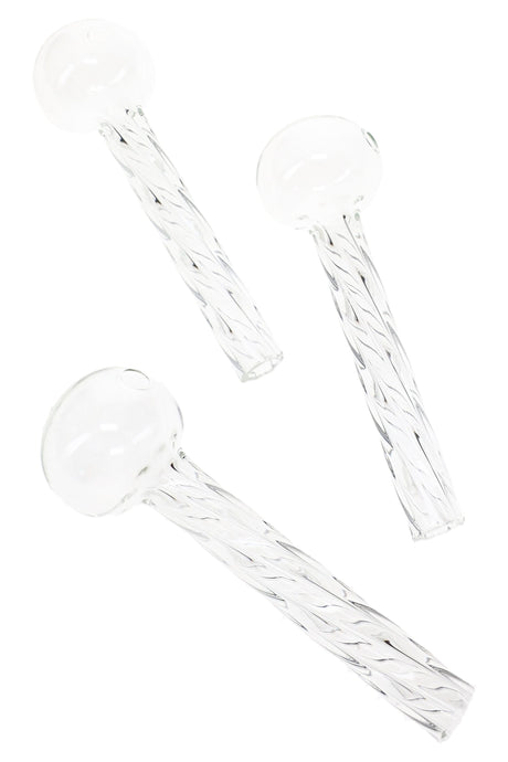 Three clear 4″ glass oil burner pipes arranged at different angles to show the twisted stems and round chambers