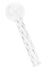 Clear 4″ glass oil burner pipe with round chamber and decorative twisted glass stem on a white background