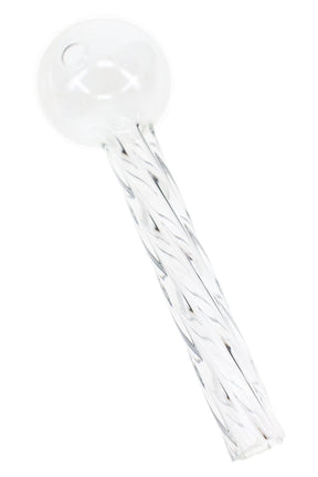 Clear 4″ glass oil burner pipe with round chamber and decorative twisted glass stem on a white background