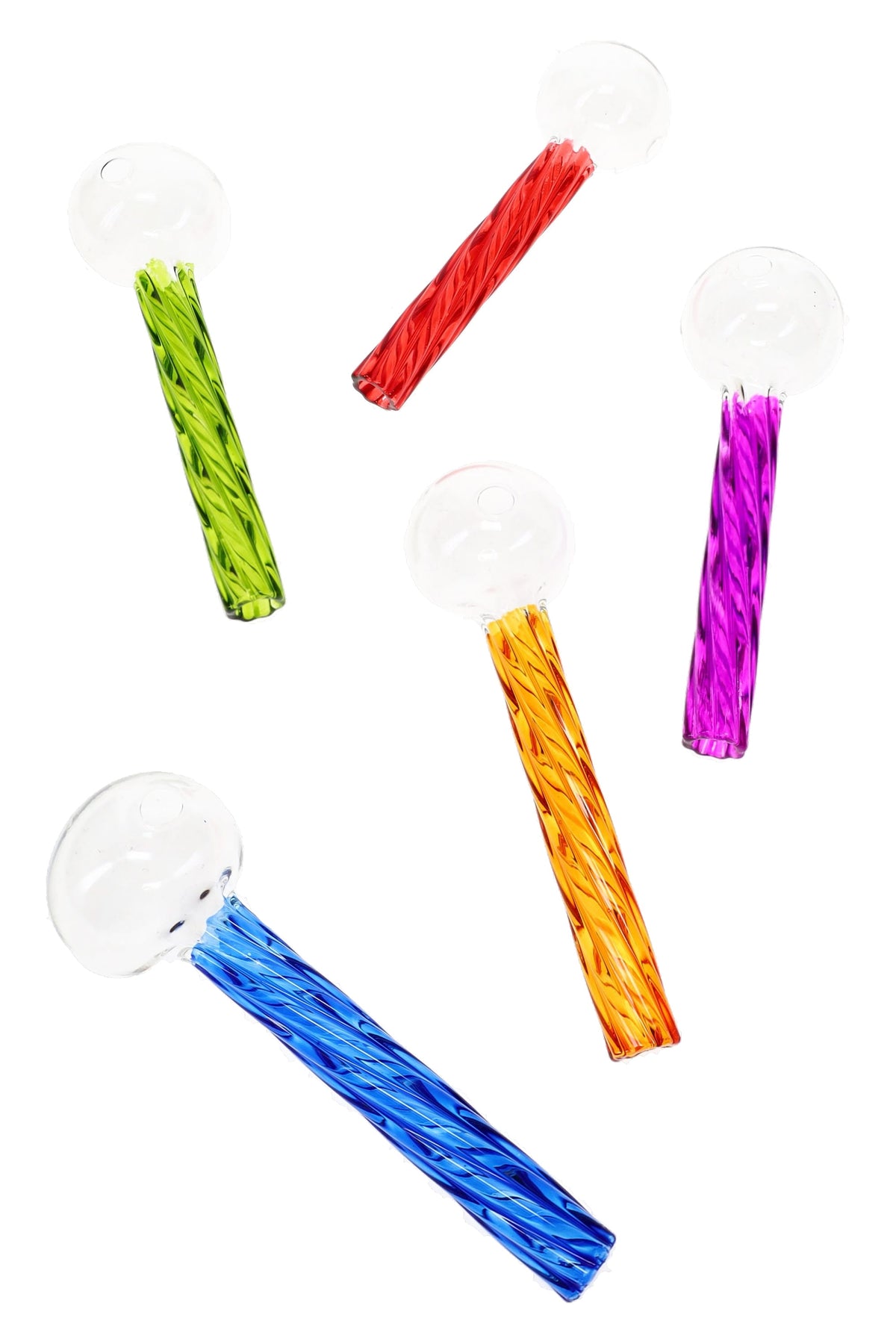Five 4″ glass oil burner pipes with clear round chambers and twisted stems in assorted bright colors