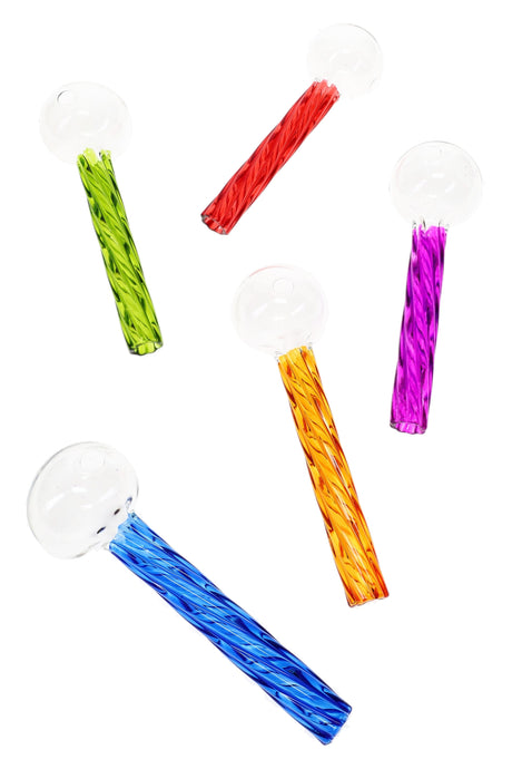 Five 4″ glass oil burner pipes with clear round chambers and twisted stems in assorted bright colors