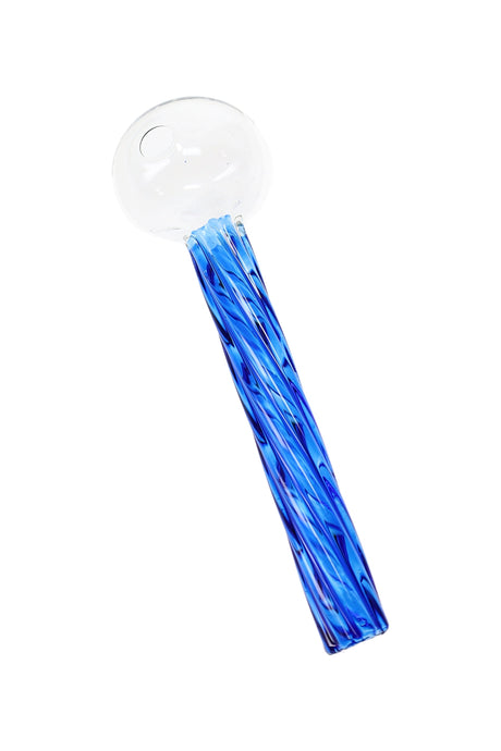 Blue 4″ glass oil burner pipe with clear round chamber and colorful twisted glass stem on white background