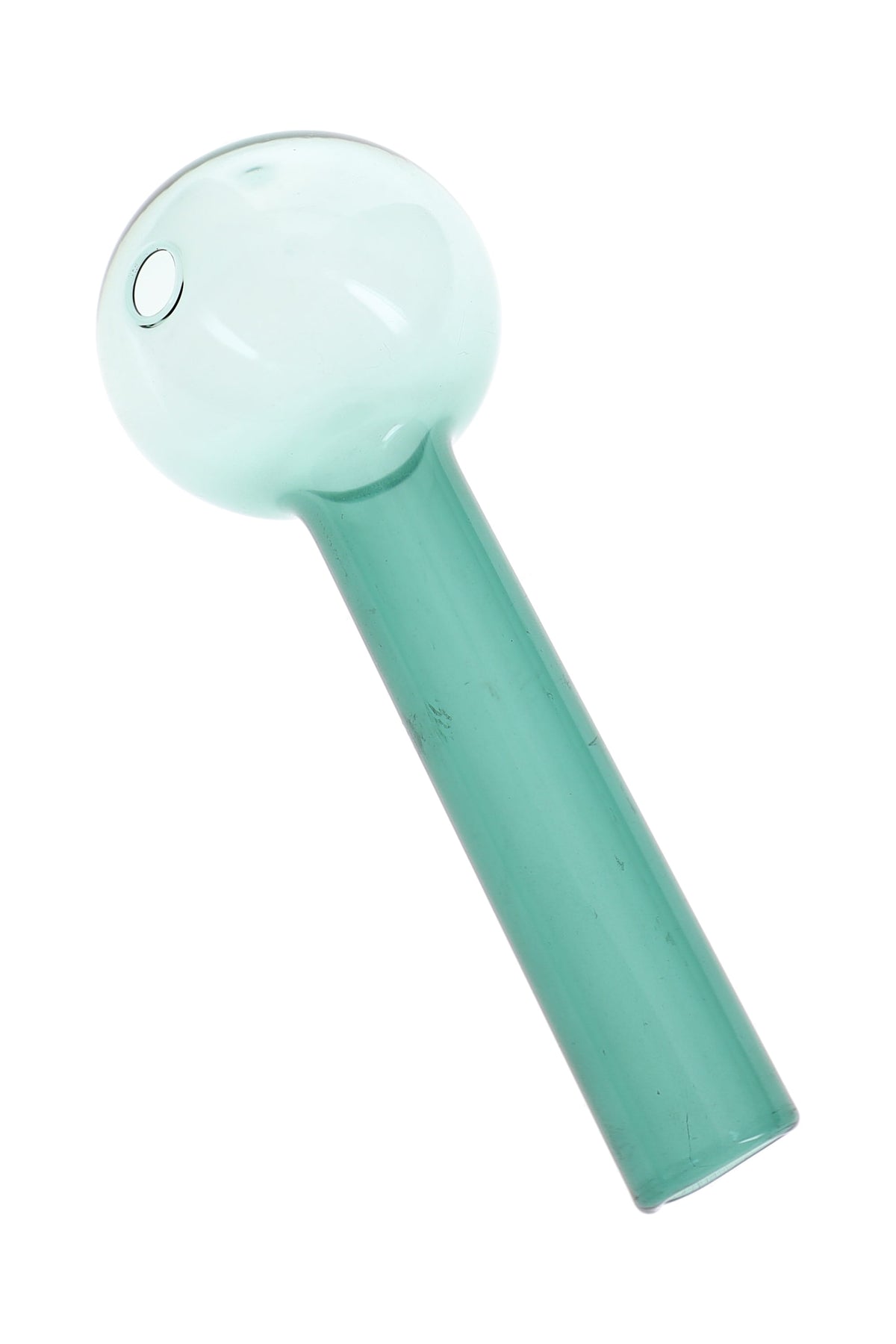 Teal 4″ glass oil burner pipe with jumbo round chamber, straight stem, and side opening