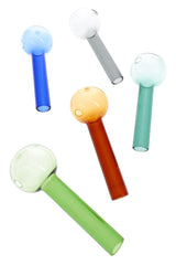 Five 4″ colored glass oil burner pipes with jumbo round chambers and straight stems in assorted colors