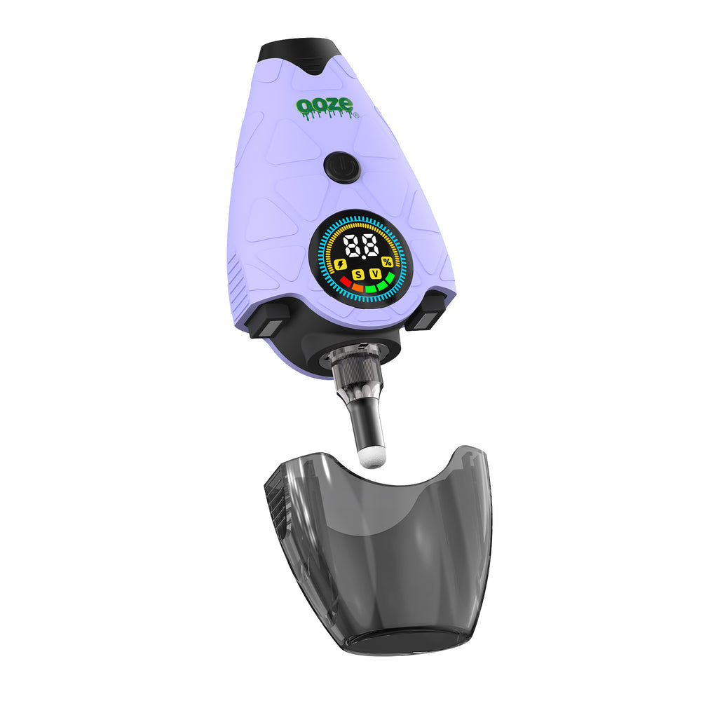 Lavender Ooze Hover vaporizer with glass airway tool removed to show concealed storage compartment