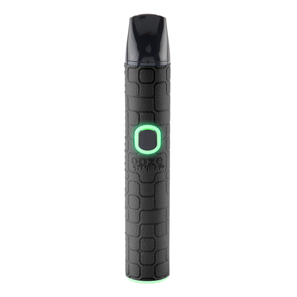 Black Ooze Pinch dry herb vaporizer with textured finish, black mouthpiece, and illuminated button