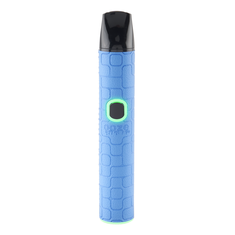Light blue Ooze Pinch dry herb vaporizer with textured grip, black mouthpiece, and lit power button