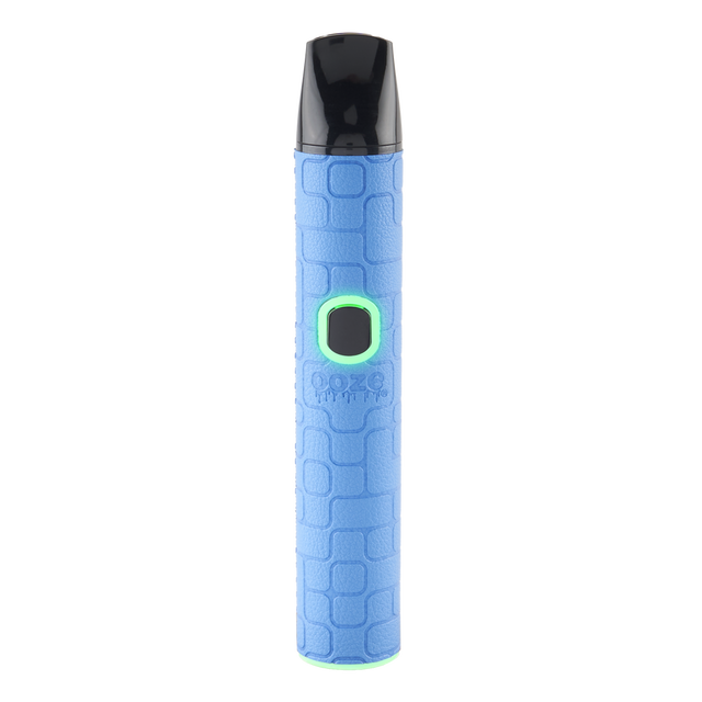 Light blue Ooze Pinch dry herb vaporizer with textured grip, black mouthpiece, and lit power button