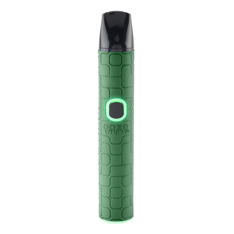 Green Ooze Pinch dry herb vaporizer with textured grip pattern, black mouthpiece, and lit display button