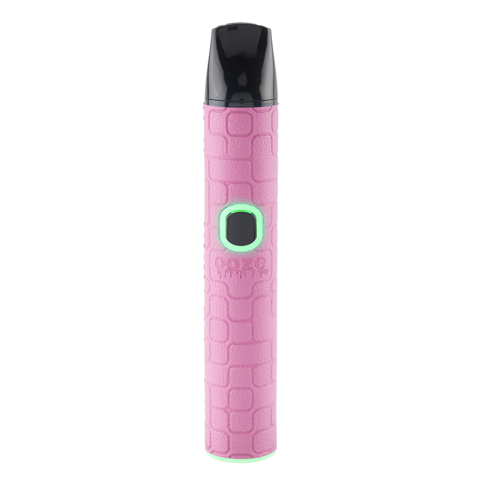 Pink Ooze Pinch dry herb vaporizer with compact textured shell, black mouthpiece, and LED button