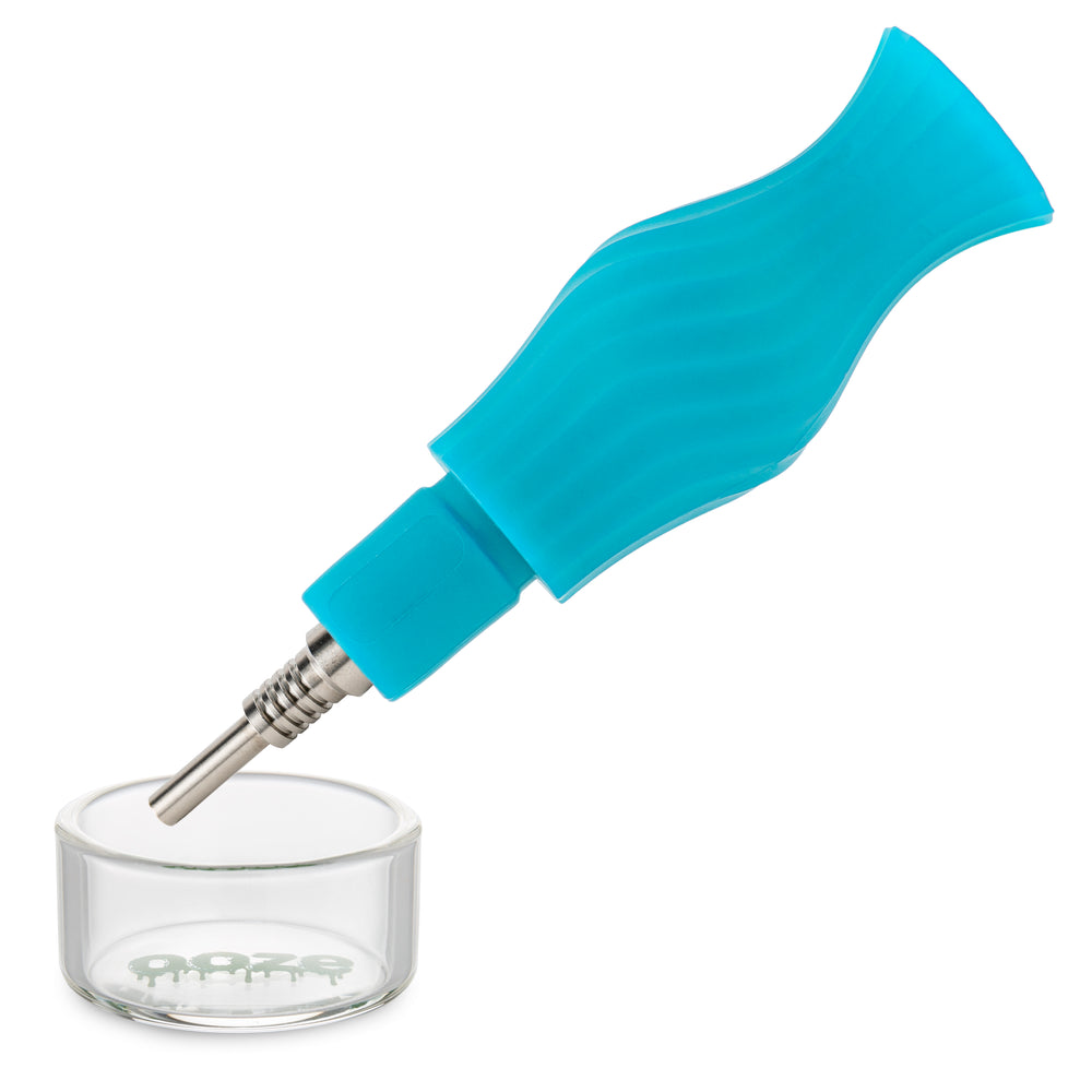 Aqua teal Ooze Clobb body without top attachment showing silicone shell and clear glass chamber