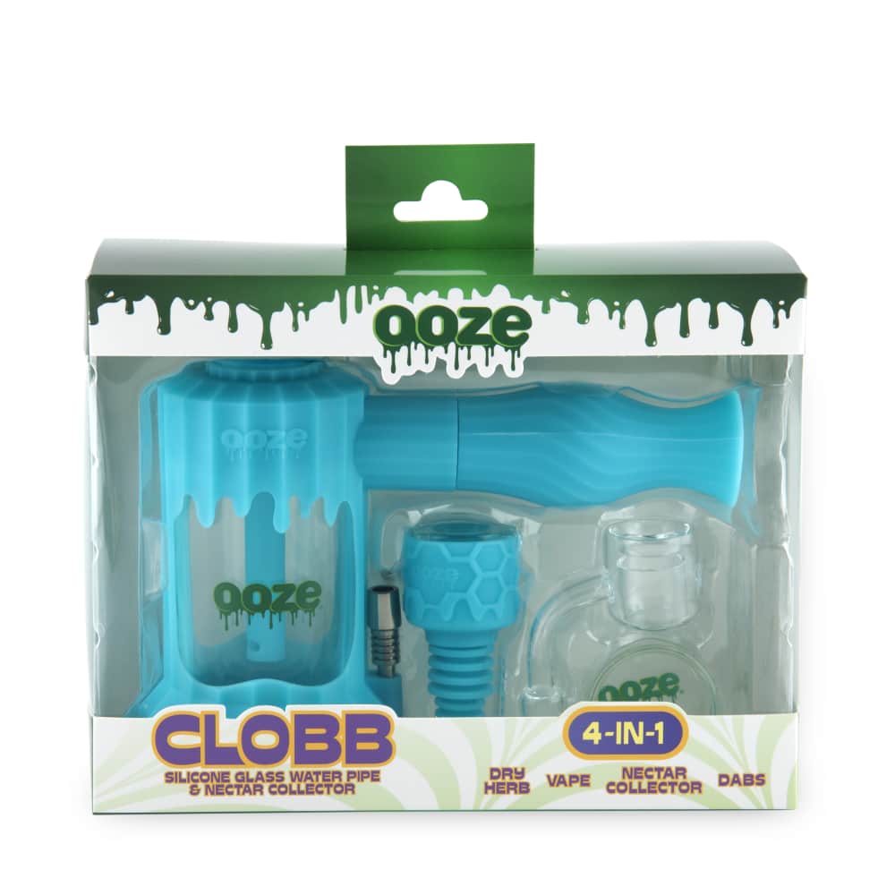 Retail-packaged Ooze Clobb 4-in-1 hybrid water pipe kit with accessories and assembled unit