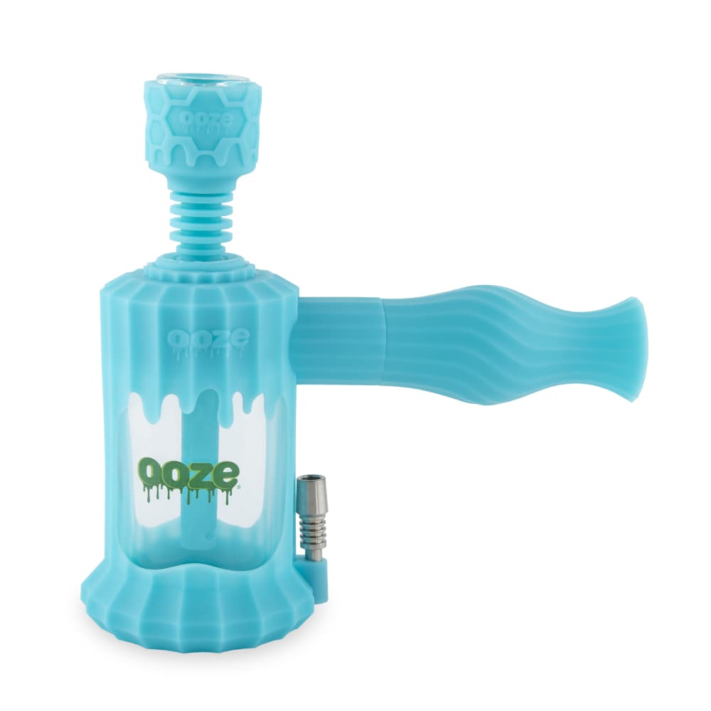 Aqua teal Ooze Clobb hybrid water pipe with bowl attachment and clear front viewing chamber