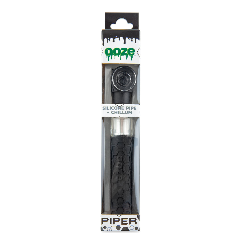 Black Ooze Piper silicone hand pipe with hex-pattern grip and clear glass bowl insert