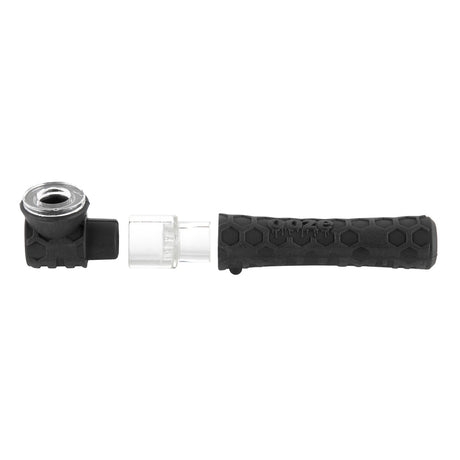 Front view of black Ooze Piper hand pipe with screened bowl and lanyard attachment loop