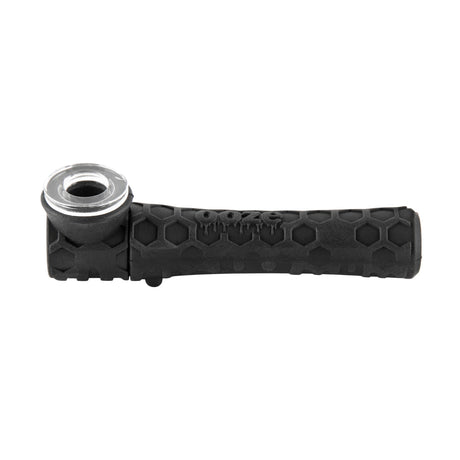 Black silicone chillum setup with clear glass mouthpiece insert and textured hex-pattern handle