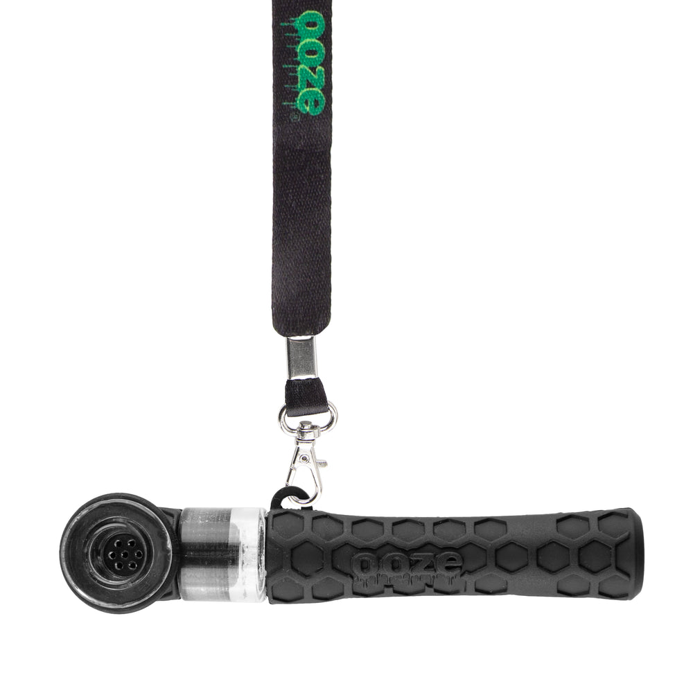 Black Ooze Piper 2-in-1 pipe attached to branded lanyard for easy portable carrying