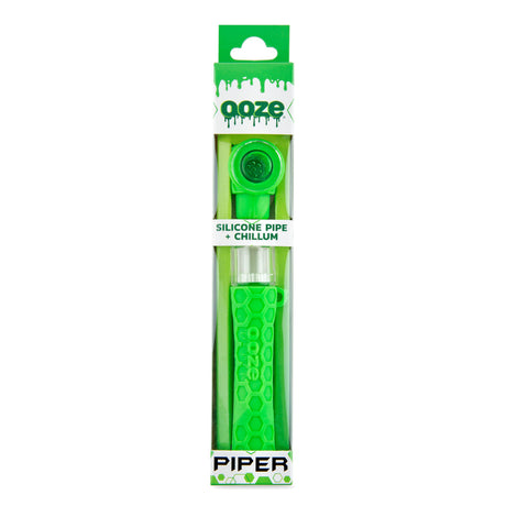 Bright green Ooze Piper silicone pipe and chillum packaged in Ooze branded hanging box
