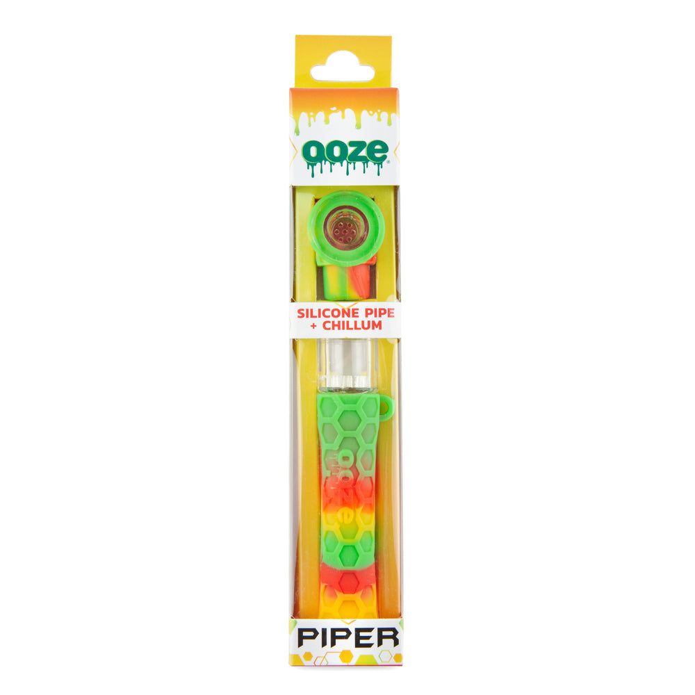 Rasta Ooze Piper silicone pipe and chillum in retail packaging with clear front product view