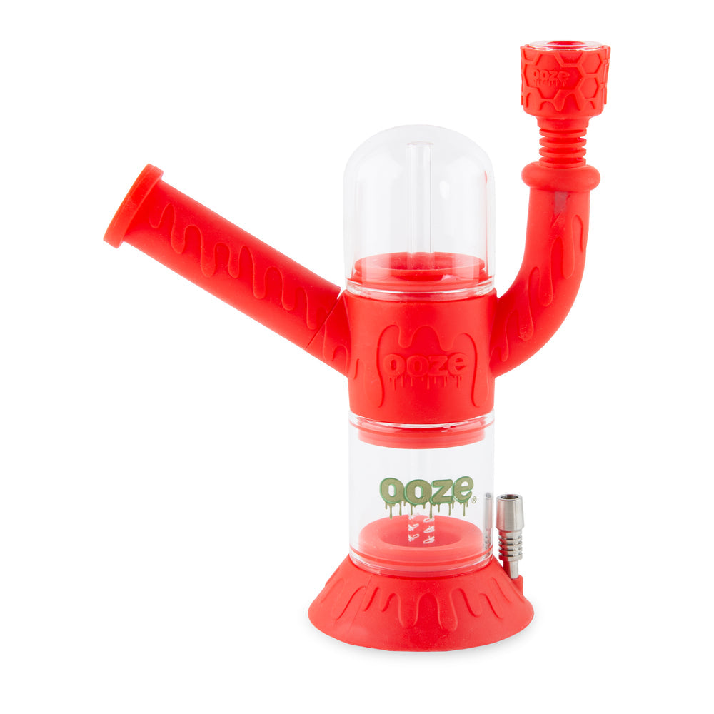 Scarlet Ooze Cranium hybrid water pipe with red silicone body, clear glass chamber, and bowl