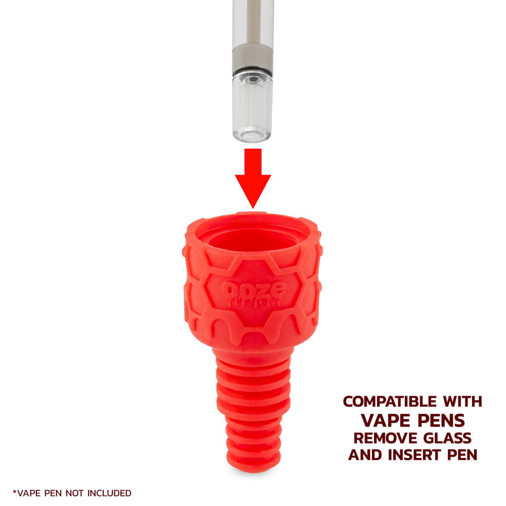 Red Ooze Ozone dab straw attachment with titanium tip positioned above clear glass concentrate dish
