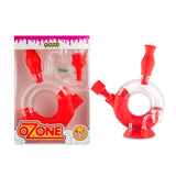 Retail-packaged Ooze Ozone 4-in-1 hybrid water pipe kit beside assembled silicone and glass unit