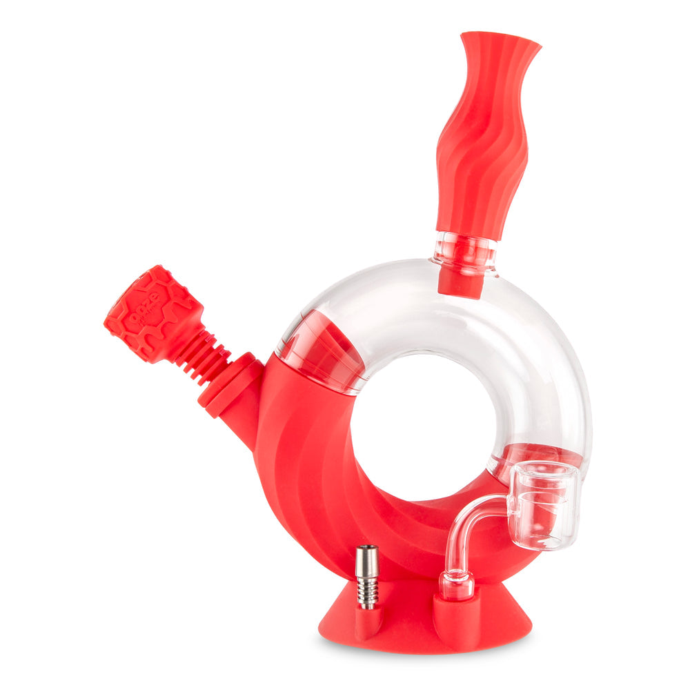 Scarlet Ooze Ozone hybrid water pipe with clear glass chamber and quartz concentrate banger