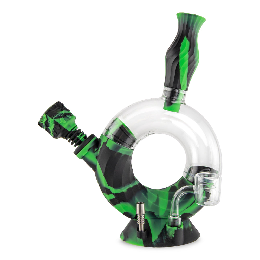 Chameleon Ooze Ozone hybrid water pipe with black green swirl silicone and clear glass chamber