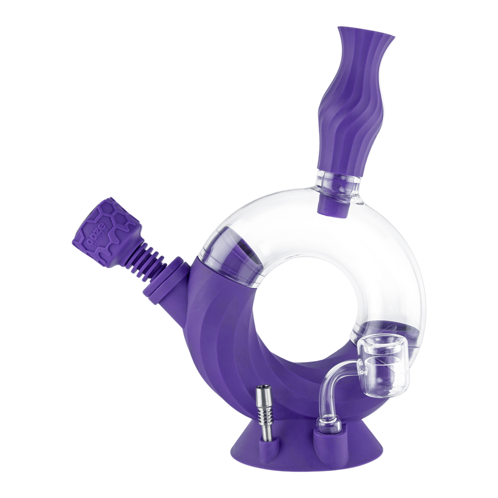 Ultra purple Ooze Ozone 4-in-1 water pipe with clear glass chamber and quartz banger
