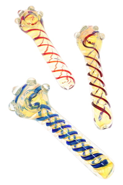 Three assorted 6″ color-changing glass spoon pipes with spiral stripes and raised marble accents