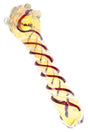 Amber color-changing glass hand pipe with red spiral stripes, side carb, and raised bowl marbles