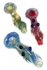 Three assorted silver fumed frit glass hand pipes with twisted bodies and raised marble accents
