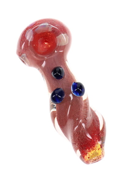 Red silver fumed frit glass spoon pipe with twisted body, dark blue marbles, and side carb