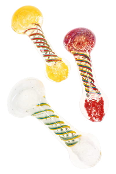 Three assorted Rasta frit glass hand pipes with color-changing fumed bodies and swirl stripes