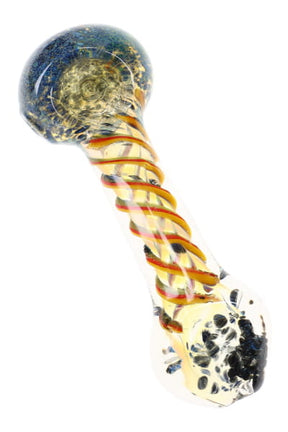 Silver fumed frit glass spoon pipe with Rasta swirl stripes and dark frit mouthpiece detail