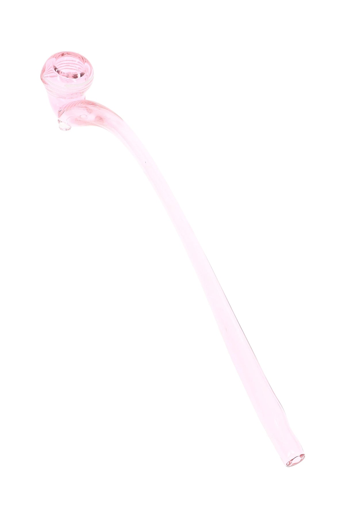 Pink 14.5″ glass Gandalf hand pipe with long curved stem, raised bowl, and striped rim detail
