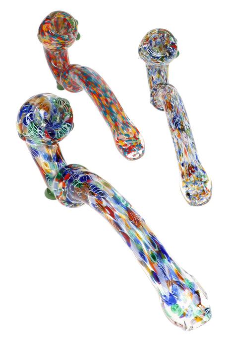 Assorted 7″ confetti frit Sherlock glass pipes with curved necks and colorful speckled accents