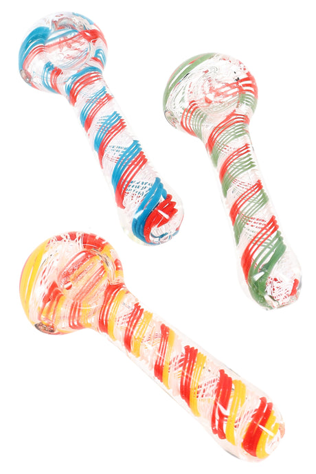 4-inch clear borosilicate spoon pipe with multicolor spiral stripes, deep bowl, and side carb displayed on white background.