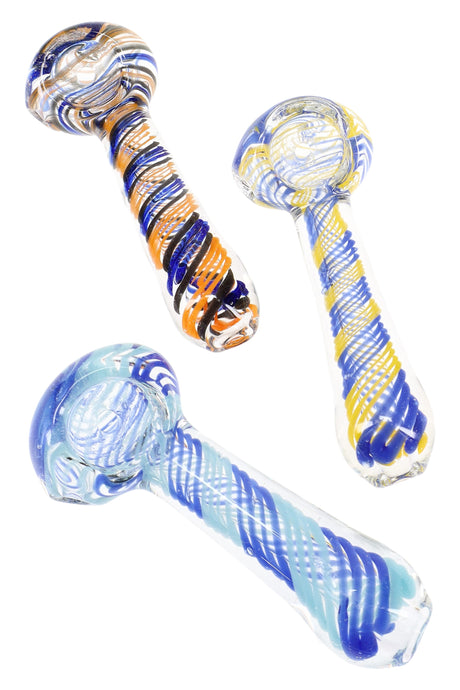 Assorted clear glass hand pipes with multicolor spiral wrap striping, three colorways shown on white background