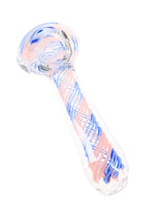 Clear glass hand pipe with pastel pink and cobalt blue spiral wrap accents and rounded spoon bowl