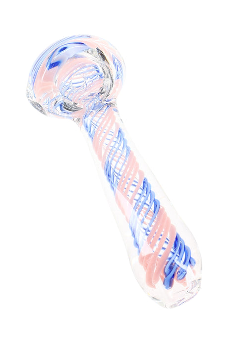 Clear glass hand pipe with pastel pink and cobalt blue spiral wrap accents and rounded spoon bowl