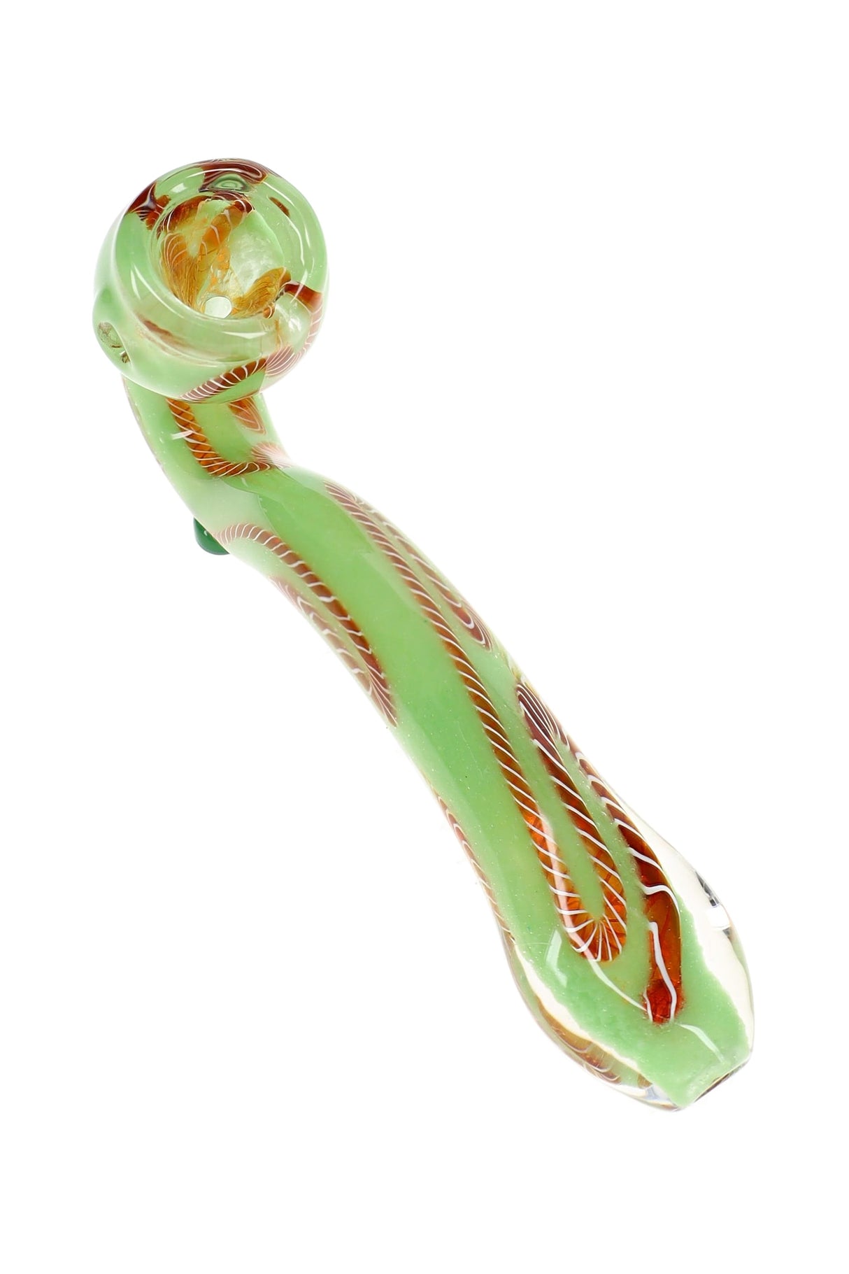 6½″ striped frit Sherlock glass pipe with curved profile, speckled body, and colorful glass accents