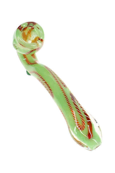 6½″ striped frit Sherlock glass pipe with curved profile, speckled body, and colorful glass accents
