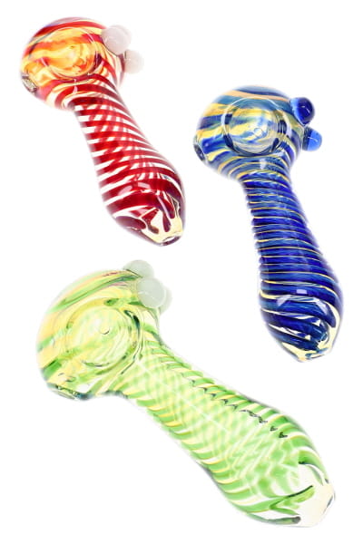Three assorted spiral glass hand pipes in red, blue, and green with color-changing spoon bodies