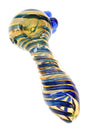 Blue and amber color-changing glass spoon pipe with spiral stripes and raised glass bowl accents