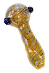Amber silver-fumed frit glass hand pipe with blue stripe accents, side carb, and thick spoon shape