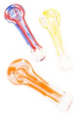 Assorted small striped glass hand pipes in red-blue, yellow, and orange accent designs, three pieces shown on white