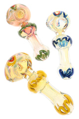 Assorted thick color-changing glass spoon pipes with red, blue, yellow, and green squiggle accents