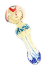 Yellow color-changing glass spoon pipe with blue squiggle accents, round bowl, side carb, and thick stem