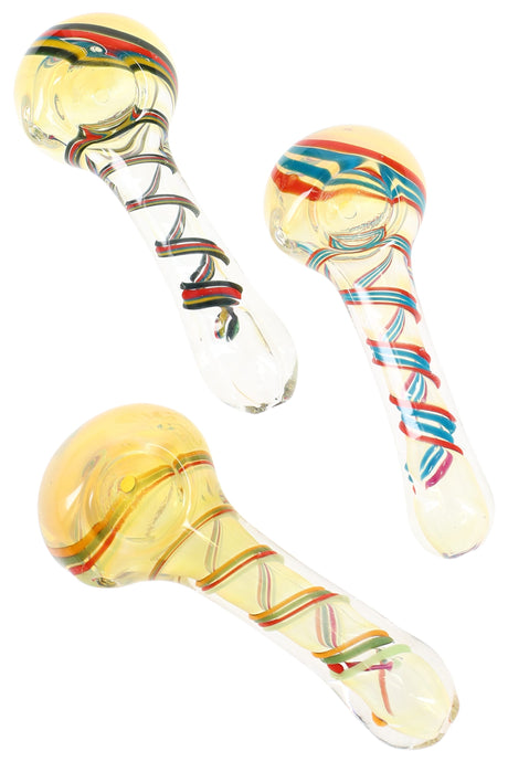 Hand-blown 3.5-inch silver-fumed glass spoon pipe with multicolor swirl stripes, deep bowl, and side carb, resting on white background.